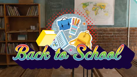 Animation-of-back-to-school-text-over-empty-classroom