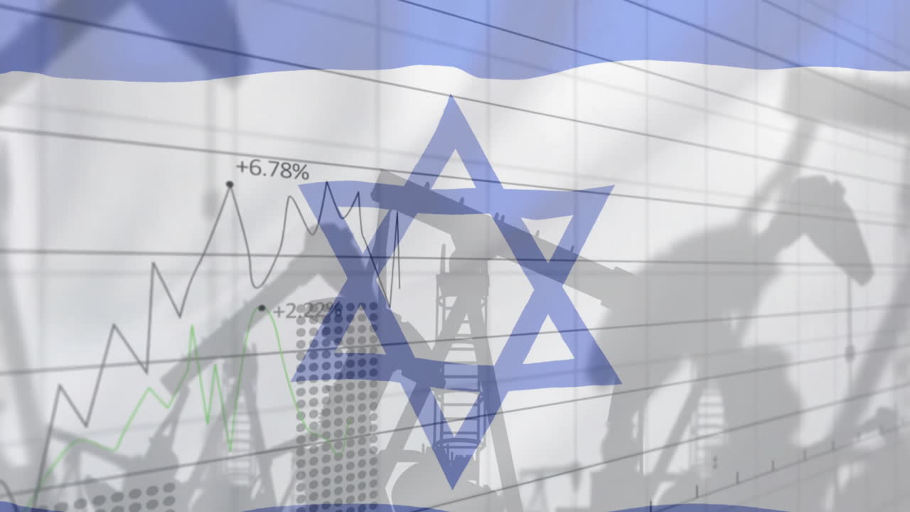 Animazione di piattaforme petrolifere ed elaborazione di dati finanziari sulla bandiera di Israele.