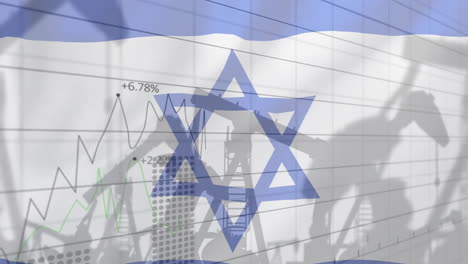 animation of oil rigs and financial data processing over flag of israel