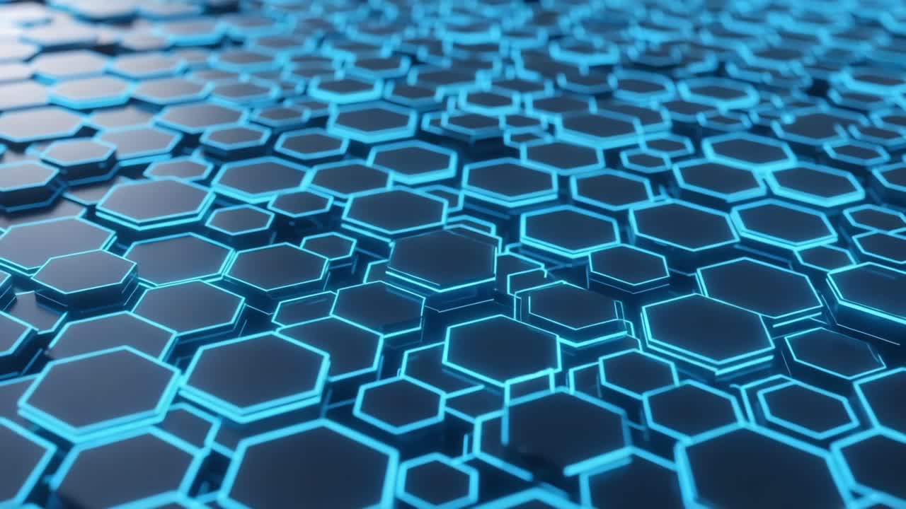 Intricate Pattern of Glowing Hexagonal Shapes: A Stunning Visual Exploration of Modern Geometric Design and Technological Aesthetics in Dynamic Blue Tones