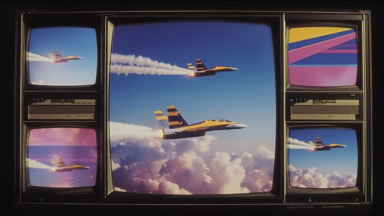 Dinamica di più televisori vintage che mostrano jet da combattimento sincronizzati che si librano sopra nuvole soffici, lasciando scie di vapore luminose contro il cielo blu con audaci pannelli grafici retrò per lo spazio di copia.