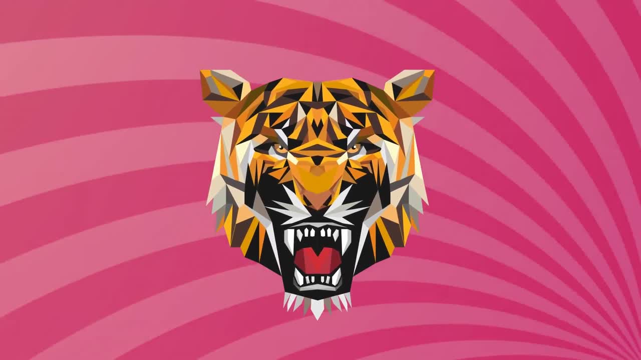 Animation of tiger face icon against radial rays in seamless pattern on pink background