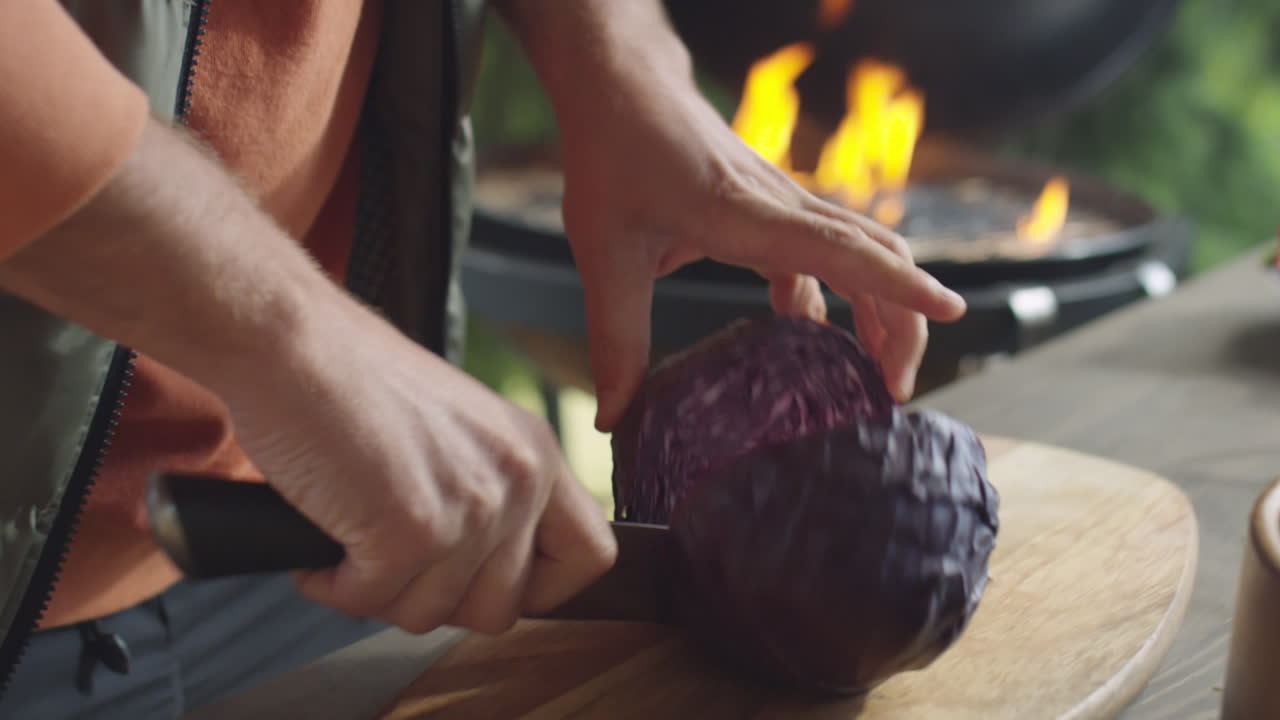 Cutting Red Cabbage into Halves