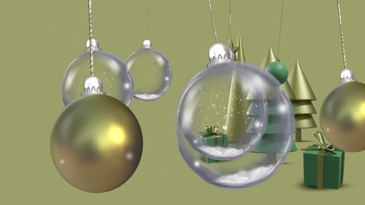 Animation af julekugler over juledekorationer på gul baggrund