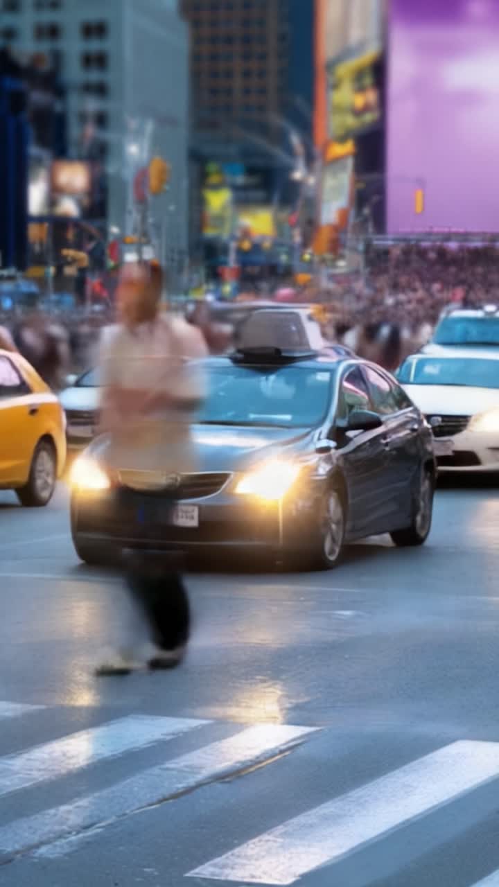 Dynamic Urban Scene Capturing the Buzz of City Life with Cars and Pedestrians in Motion Amidst the Neon Lights of a Bustling City Environment