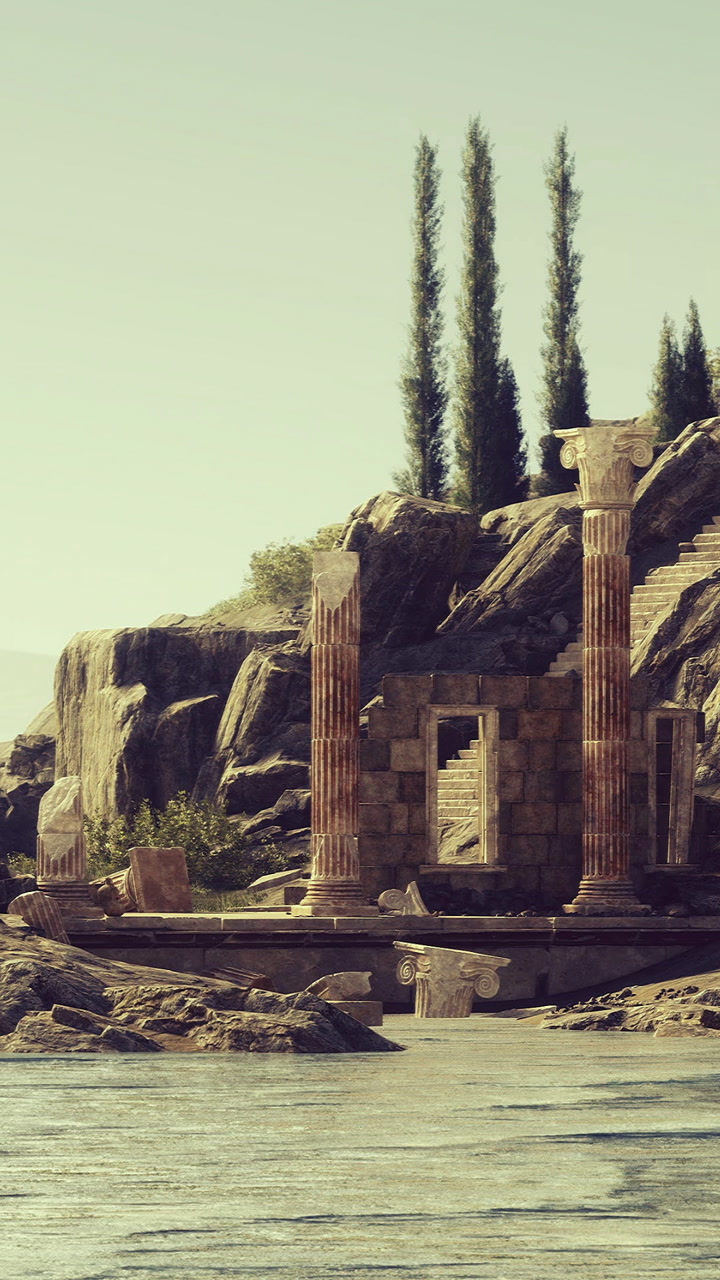 Ruins of ancient civilization by the serene waters of a forgotten land