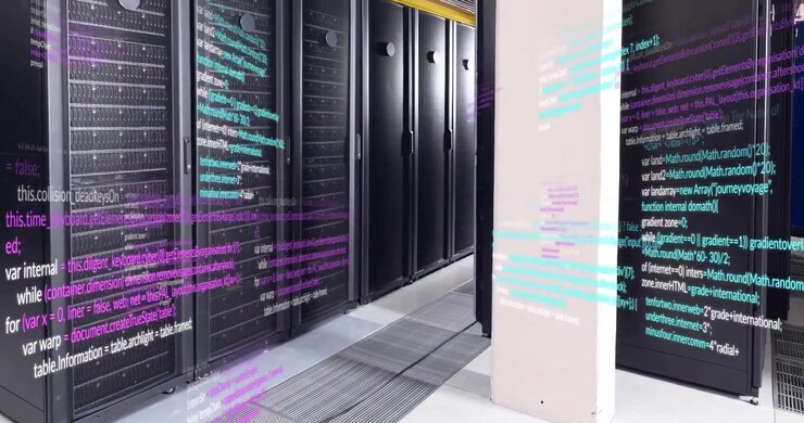 Animation of multicolored computer language over data server racks in server room
