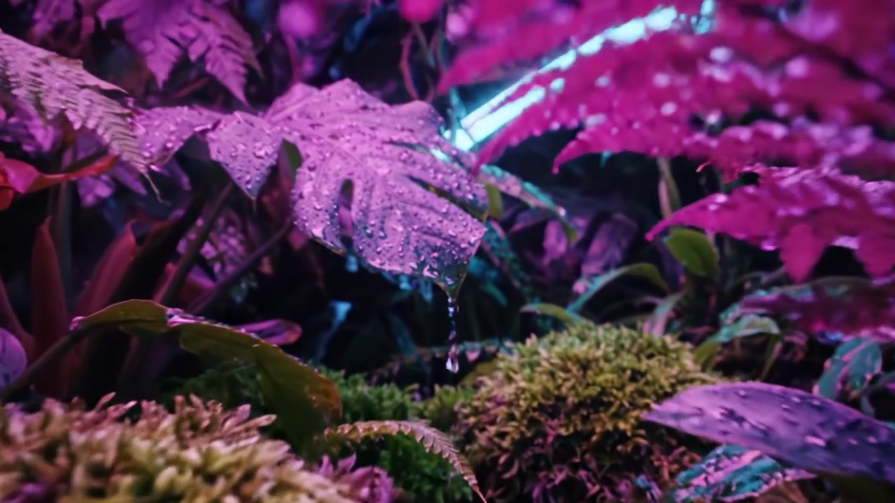 Un'oasi tropicale rigogliosa e illuminata al neon con delicate foglie bagnate dalla pioggia e flora vibrante, illuminata da un bagliore soffuso in un ambiente mistico.