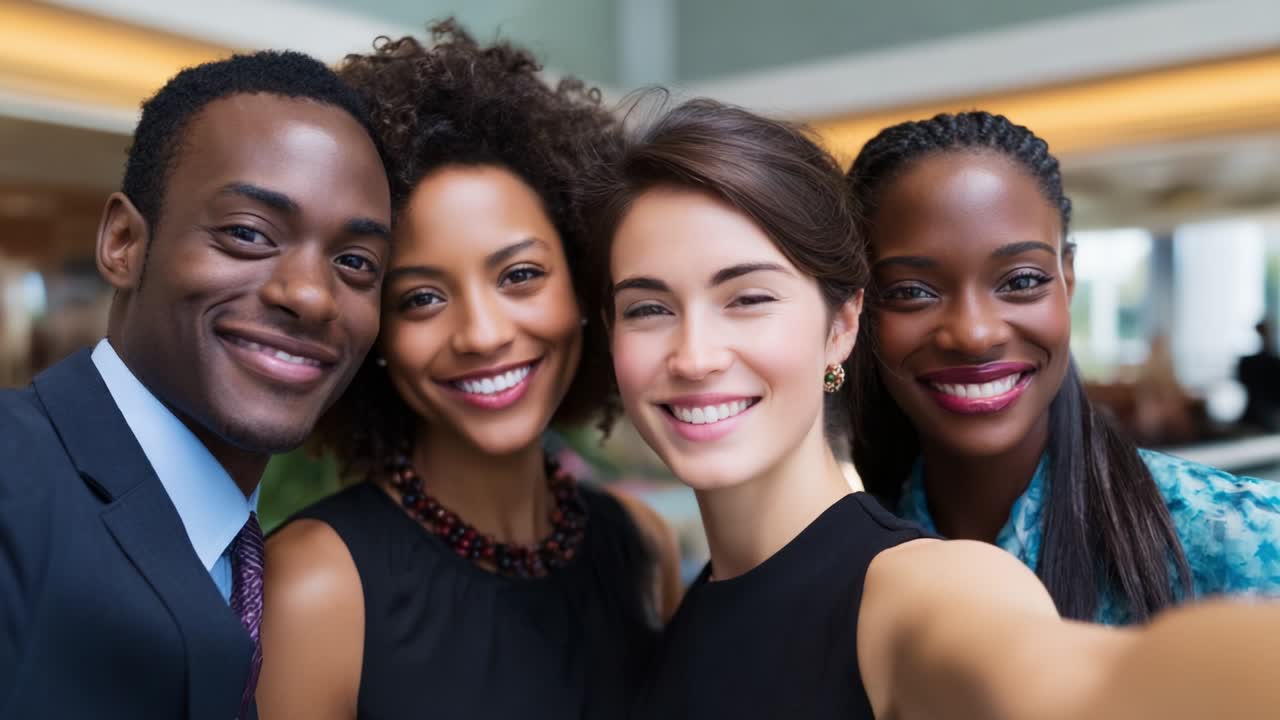 Capturing Joyful Moments: A Group of Four Friends Sharing a Vibrant Smile Together, Radiating Happiness and Connection in a Warm, Welcoming Environment Filled with Laughter and Togetherness