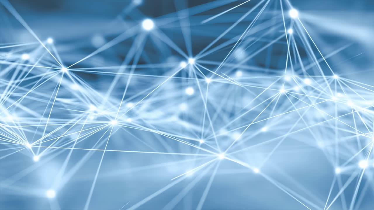 Blue Network Of Glowing Nodes Connecting Data Streams Across Misty Plane, Pulsing Points Linked By Thin