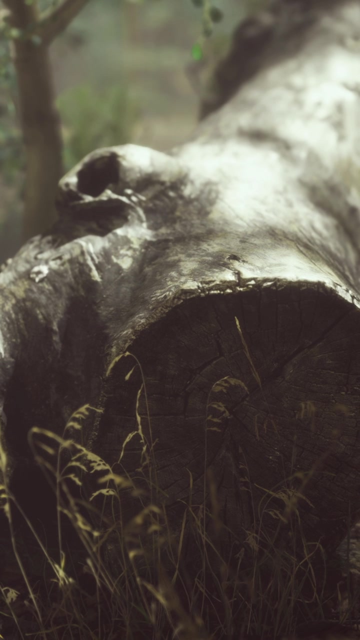 Sunlight dances on the fallen tree trunk in a serene forest setting