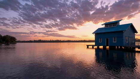 iconic blue boathouse reflected at sunset