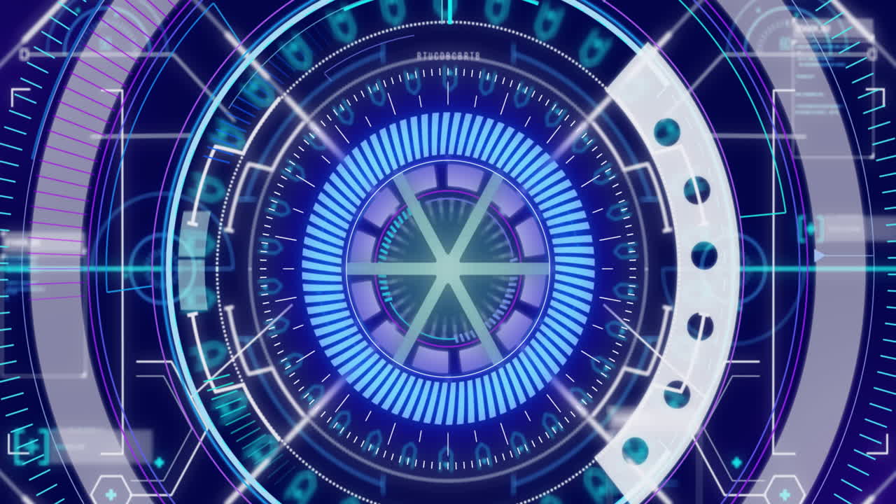 파란색,  ⁇ 색, 회색 복합 원형 범위 스캐닝을 보여주는 디지털 인터페이스의 애니메이션