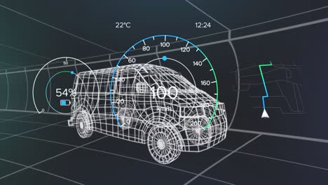 animation of speedometer, gps and charge status data on vehicle interface, over 3d van model