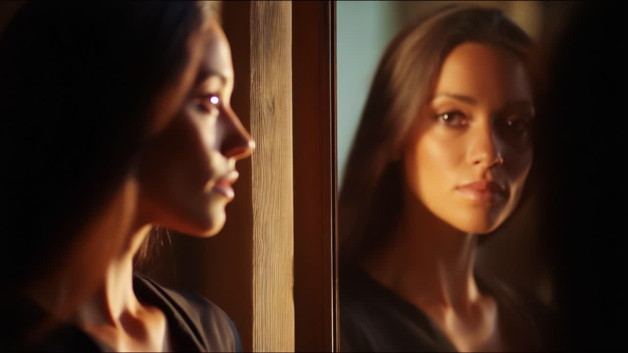 A Serene Reflection: Captivating Portraits of a Woman Gazing Thoughtfully into a Mirror, Capturing the Depths of Emotion and Beauty in Natural Light