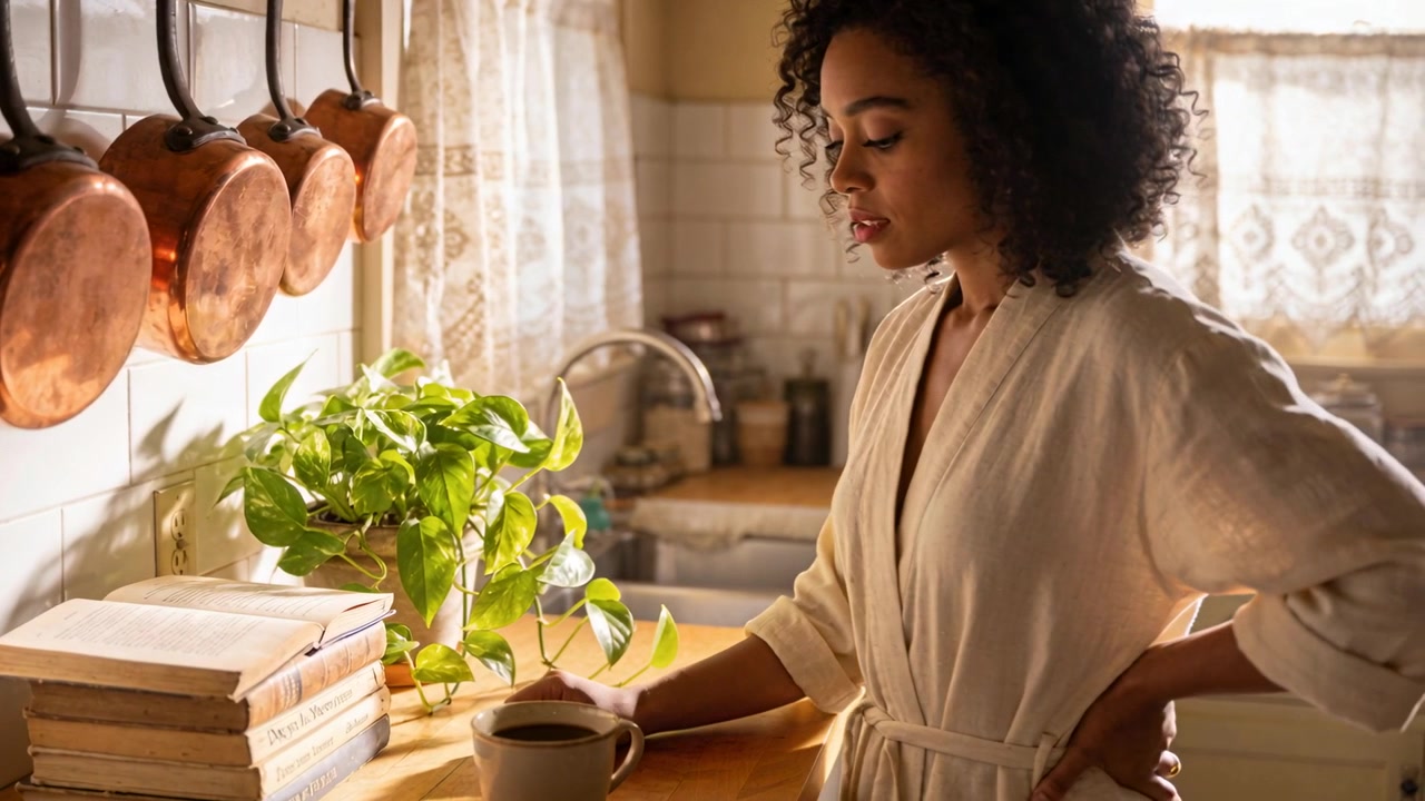Glancing, woman in robe sliding book, reaching mug making coffee at kitchen counter, copy space