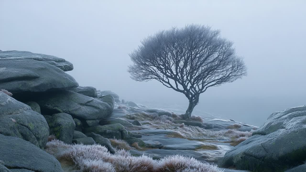 Et ensomt træ står robust midt i stenet terræn og et tågedækket landskab, der fanger naturens delikate skønhed i fredfyldte og rolige omgivelser