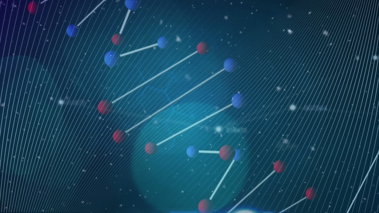 animación de la cadena de adn girando sobre un fondo azul con formas y números