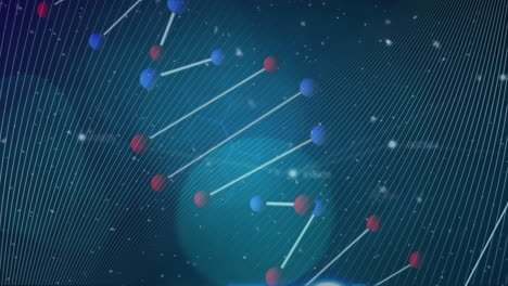 animación de la cadena de adn girando sobre un fondo azul con formas y números