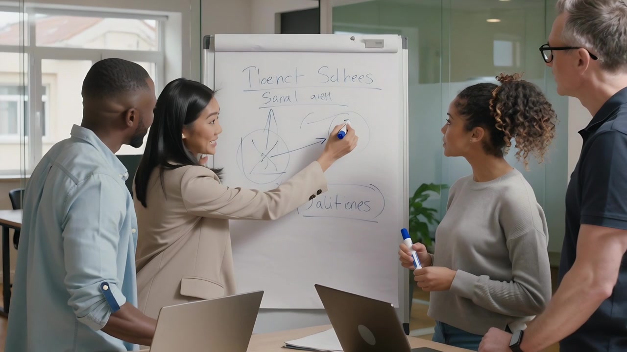 All'inizio di una riunione, una donna in blazer beige disegna su un grafico, il team indica una nota "Soluzioni" cerchiata
