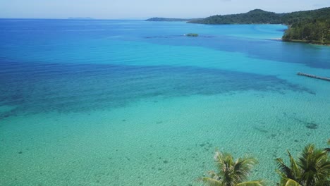 Die-Blaue-Lagune,-Flug-über-Kokospalmen