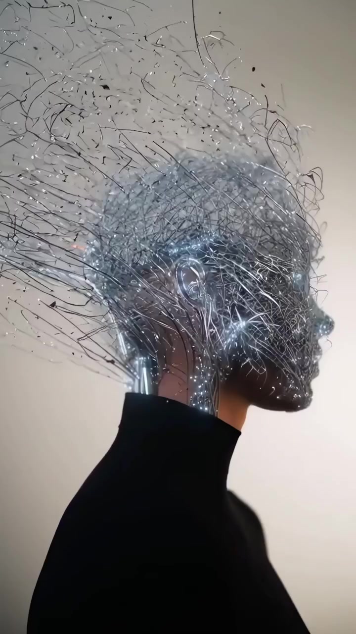 Testa umana digitale che si dissolve e si riforma con fili luminosi