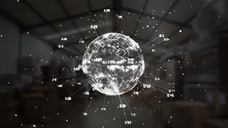 Animation of globe and network of connections with numbers over warehouse