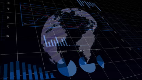 global financial data and charts animation over rotating earth grid background