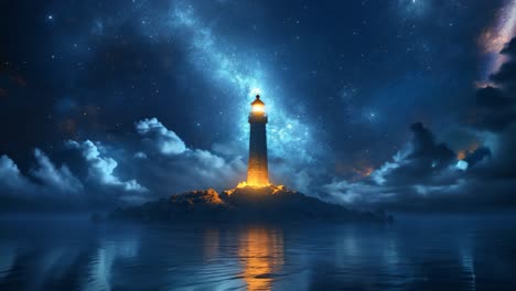 a lighthouse is lit up in the dark night sky. the lighthouse is surrounded by water and the sky is filled with stars