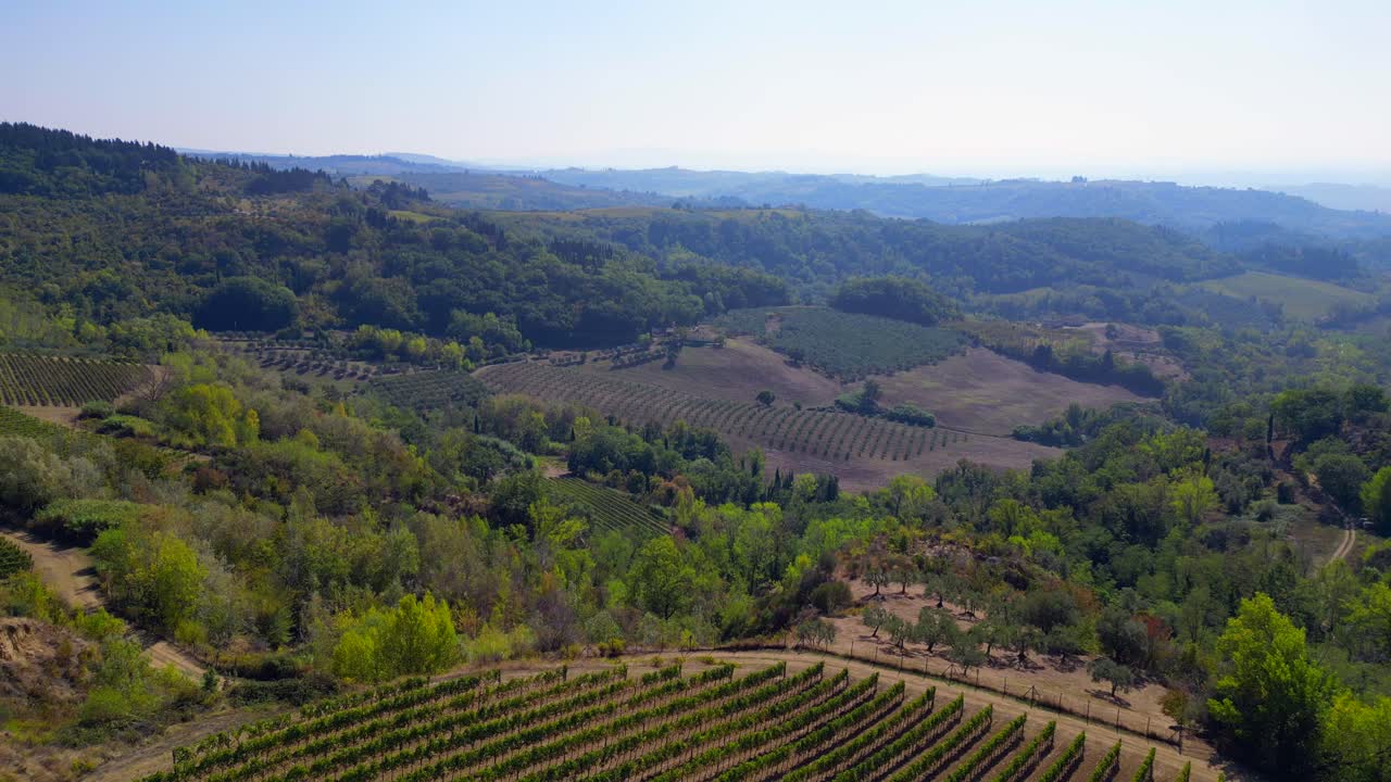 Ottima ripresa aerea dall'alto della valle toscana, zona vinicola, vigneti, natura italiana