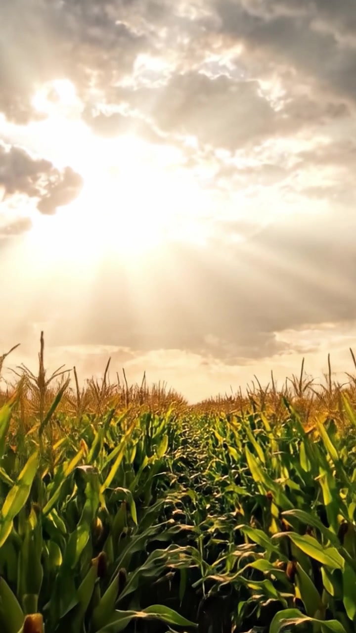Sunlight Over Cornfields: A Serene Landscape Capturing the Beauty of Nature's Bounty with Lush Green Corn Rows Under a Dramatic Sky