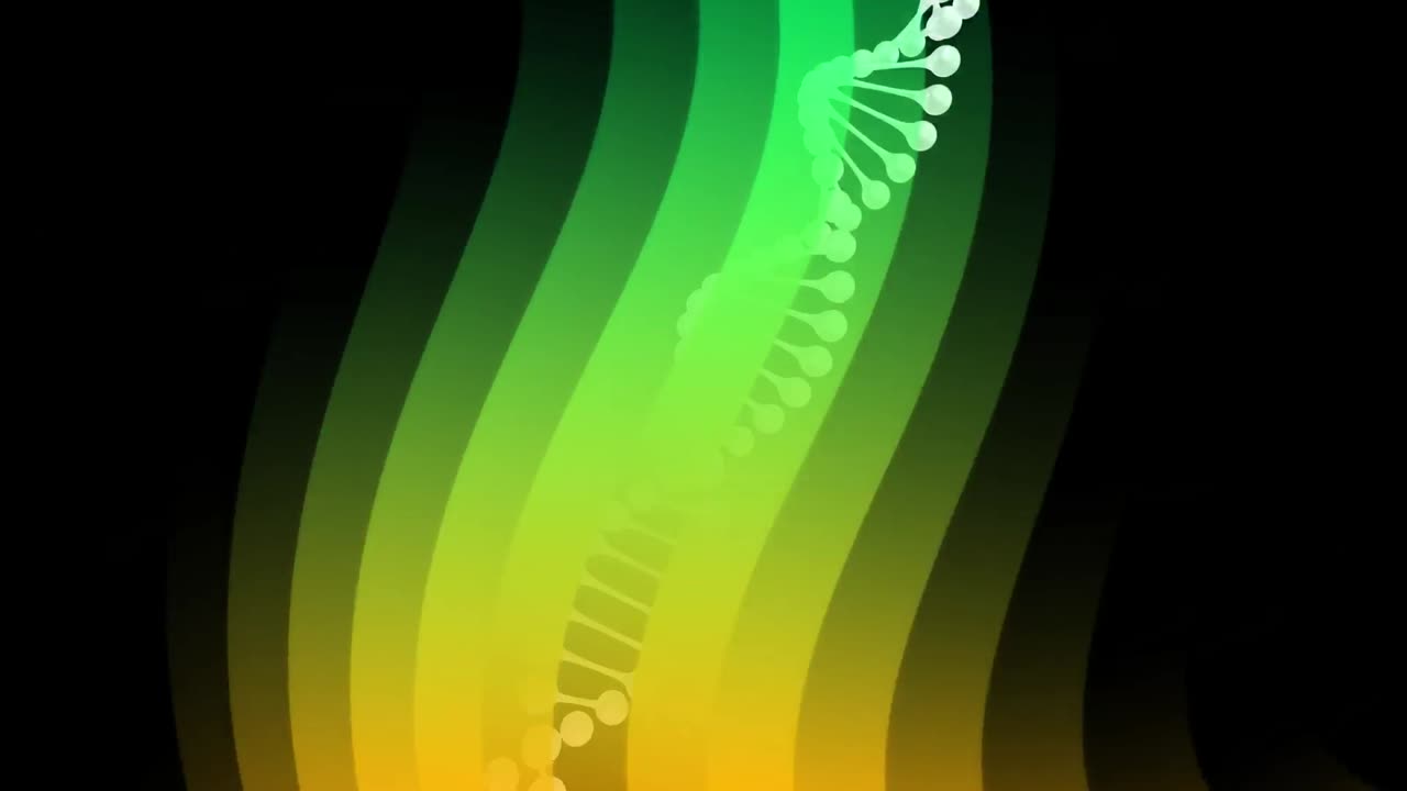 Animazione di un filamento di DNA in rotazione su onde verdi luminose.