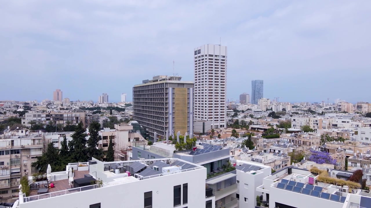 Pannelli solari e alberi di jacaranda in fiore punteggiano i tetti soleggiati di Tel Aviv.