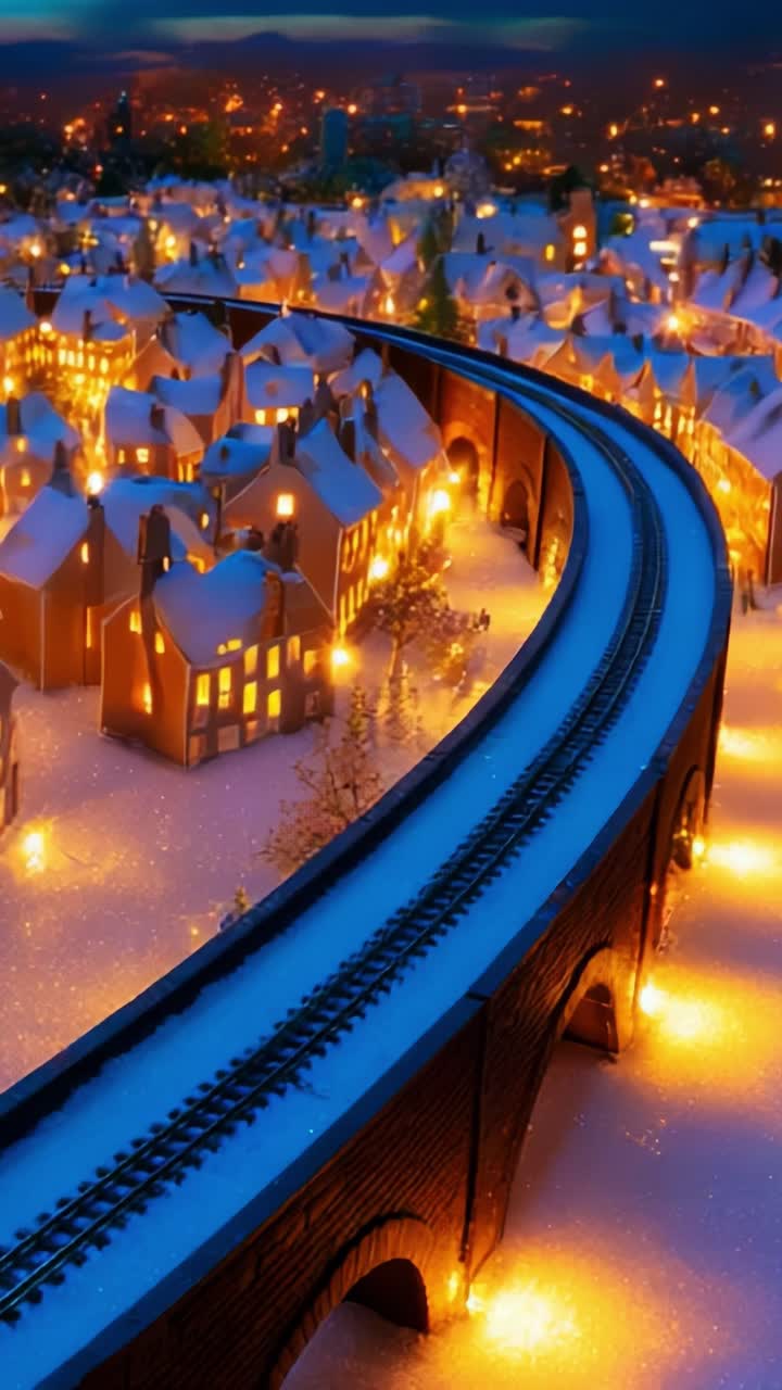 A Magical Winter Scene: A Cozy Village with Snow-Covered Rooftops and a Train Track Curving Through, Illuminated by Warm Golden Lights, Creating a Luminous and Dreamy Cityscape at Dusk