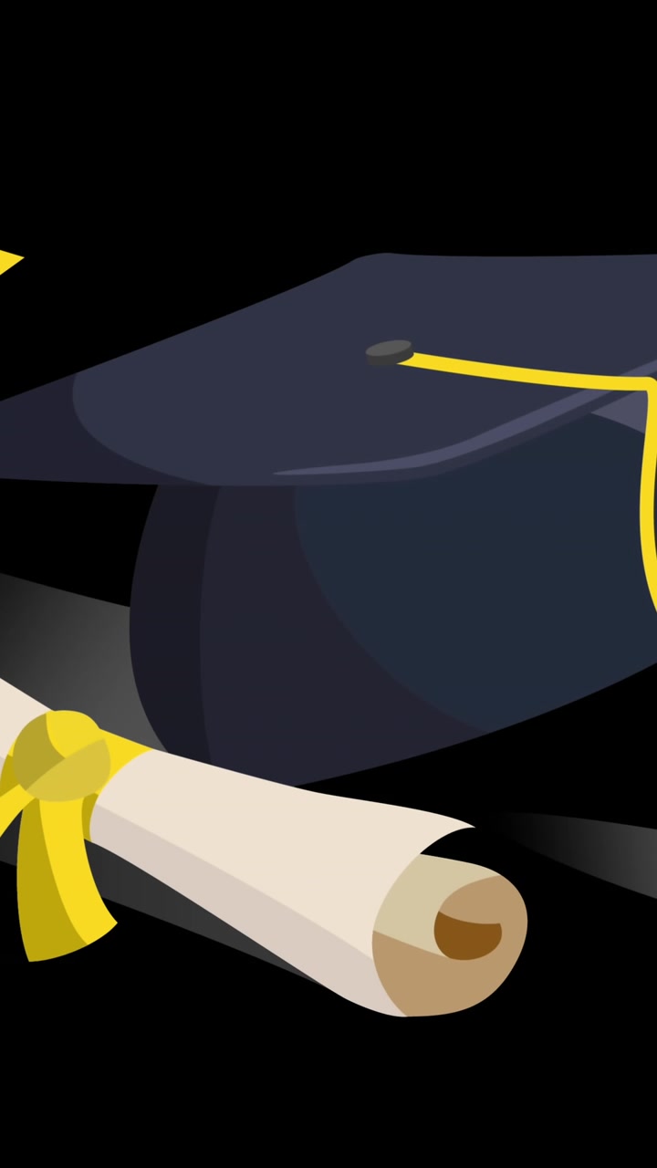 Animation of graduation certificate and hat icons over black background