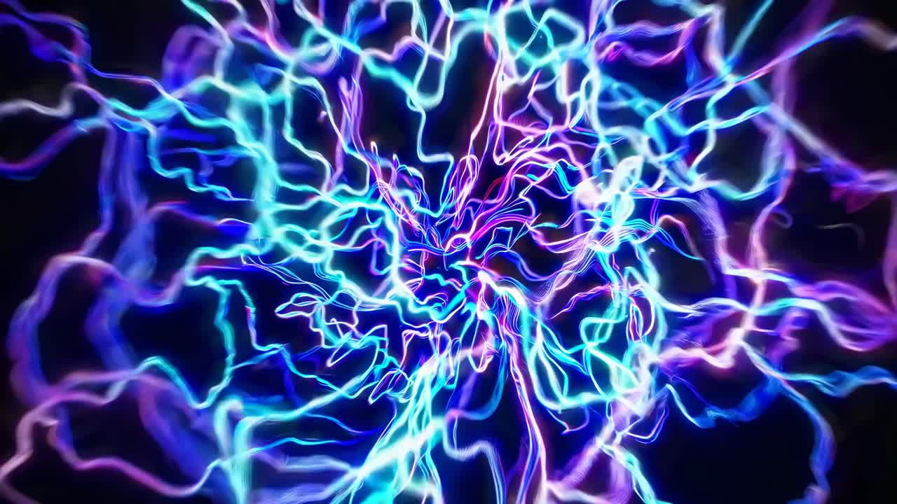 Dynamic video of neon light trails in a vortex pattern, captured from a top-down angle