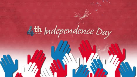 independence day text and fireworks against multiple hands