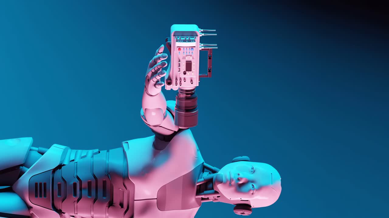 robot sosteniendo la cámara de cine arri alexa, flotando y girando, iluminación cinemática naranja y azul azul, renderización 3d vertical