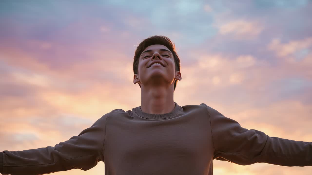 Uomo in piedi con felpa a maniche lunghe che alza il mento e chiude gli occhi in un campo mentre il sole tramonta, con bagliore