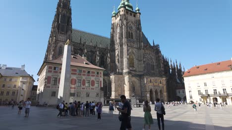 establishing shot of st. vitus cathedral in prague, czechia, capturing its gothic architectural design and cultural significance