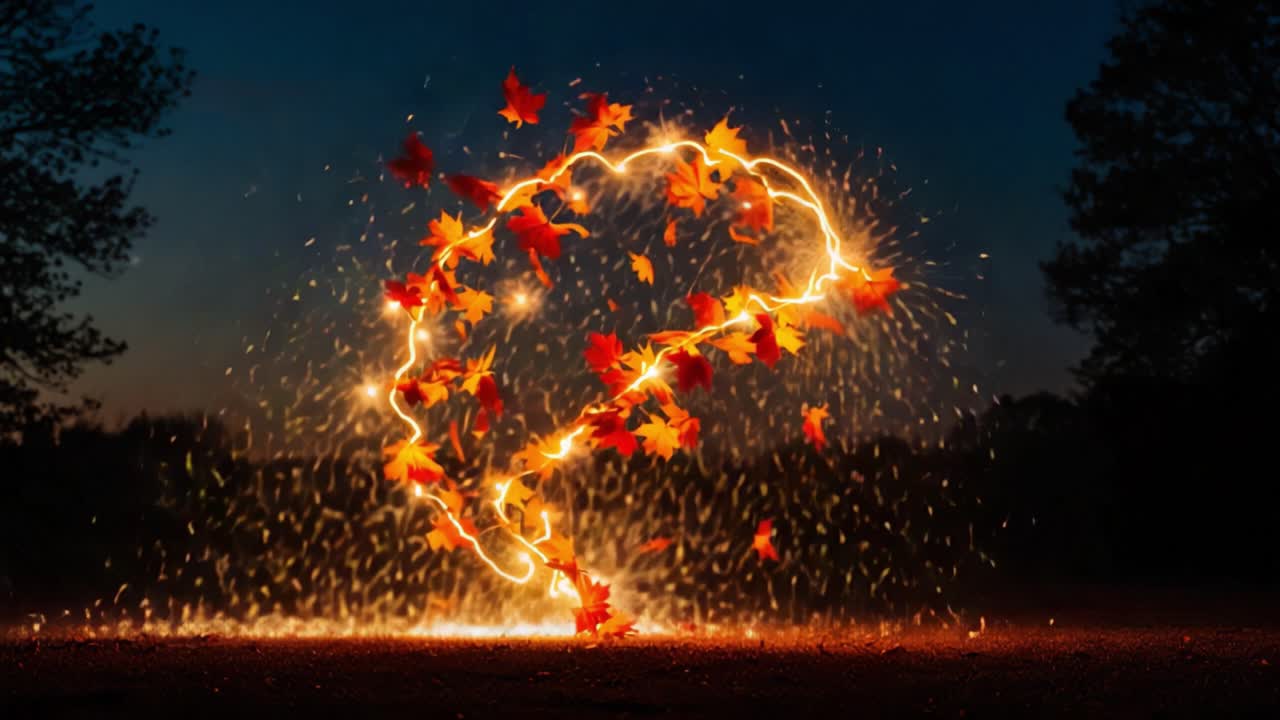 A Vibrant Display of Autumn Leaves Encircled by Sparkling Light Trails at Twilight, Capturing the Essence of Seasonal Change and Natural Beauty