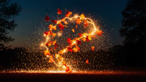 a vibrant display of autumn leaves encircled by sparkling light trails at twilight, capturing the essence of seasonal change and natural beauty