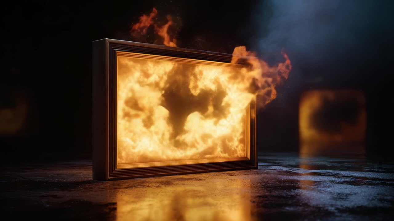 Immagini accattivanti di una scena infuocata all'interno di una struttura incorniciata, che raffigurano fiamme dinamiche e luce intensa che illuminano un ambiente buio.
