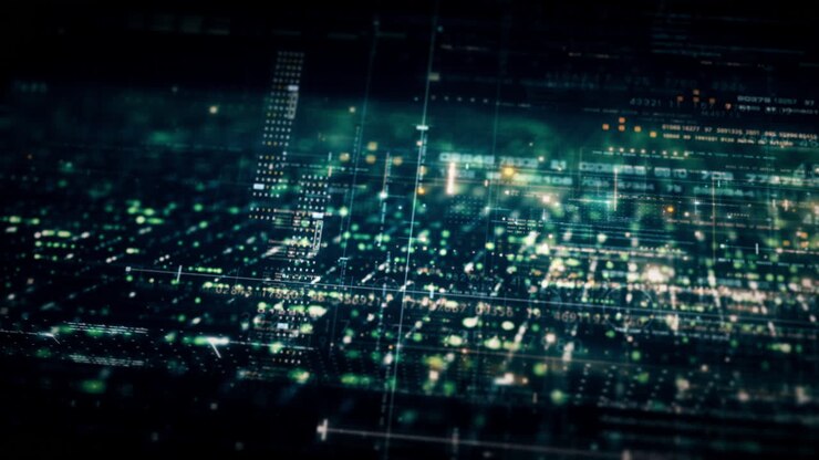UI avanzata di simulazione di matrice di dati con un ambiente digitale all'avanguardia, con un display dinamico e coinvolgente di sistemi di reti di informazioni a matrice di dati interconnesse come sfondo