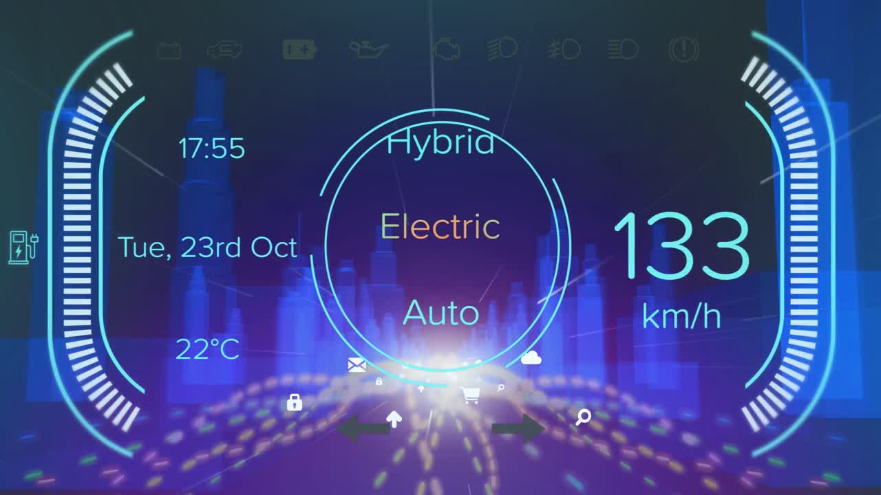 자동차 대시보드 인터페이스의 애니메이션과 3d 도시 모델에 대한 라이트 트레일 위의 디지털 아이콘