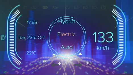 animación de la interfaz del tablero de instrumentos del coche y iconos digitales sobre senderos de luz contra el modelo de ciudad 3d
