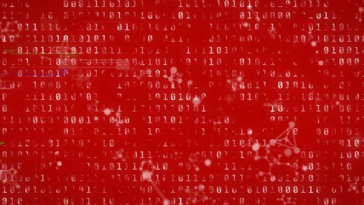 Animation von Binärcodierung und Datenverarbeitung über rotem Hintergrund