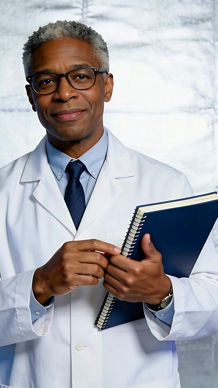 Vertical video: Facing doctor in lab coat at studio on cue, adjusting navy notebook for portrait