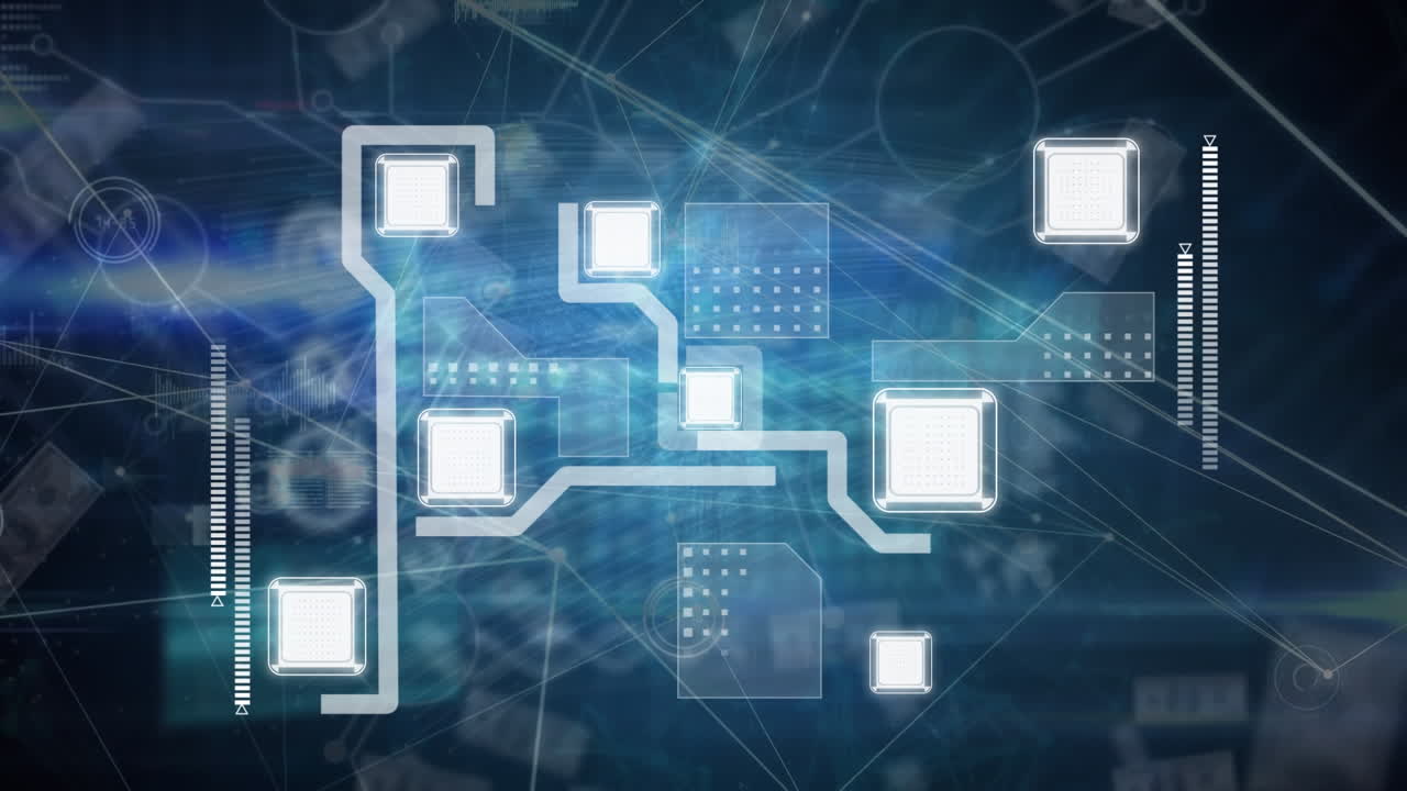 Animation of network of connections with icons over data processing