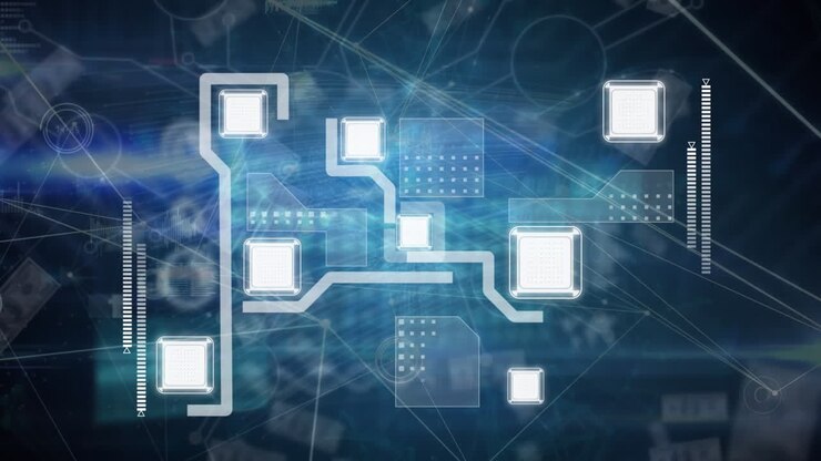 Animation of network of connections with icons over data processing